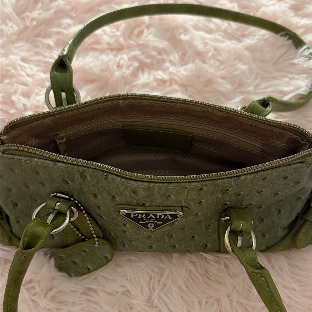 Prada Olive Green Ostrich-Textured Shoulder Bag - Picture 6 of 6